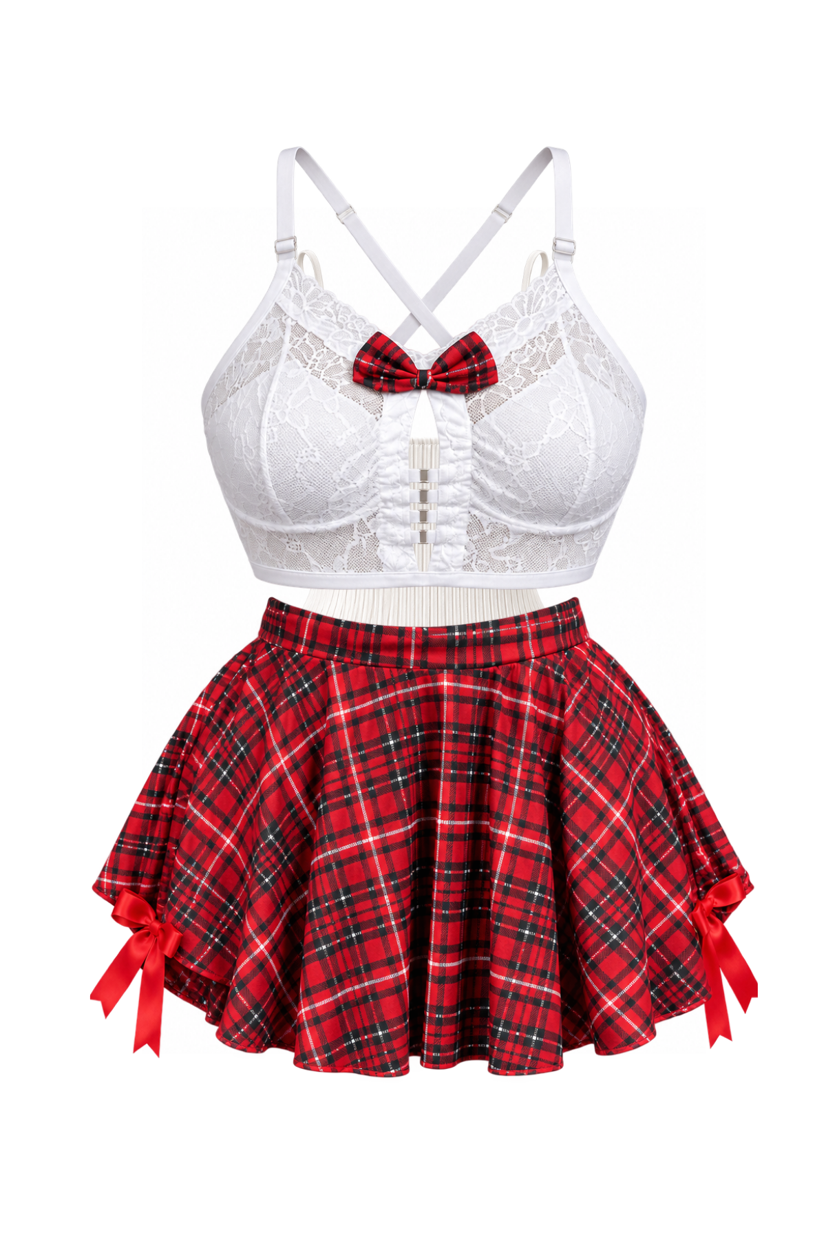 Lace-Trim Babydoll with Bow & Plaid Skirt