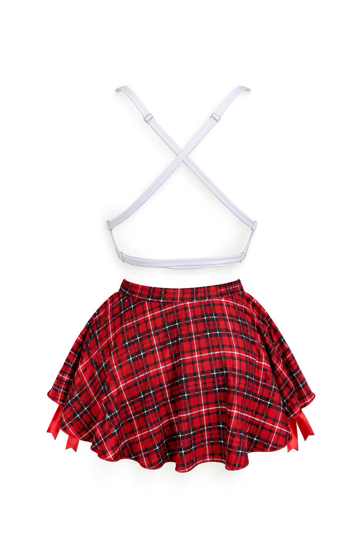 Lace-Trim Babydoll with Bow & Plaid Skirt