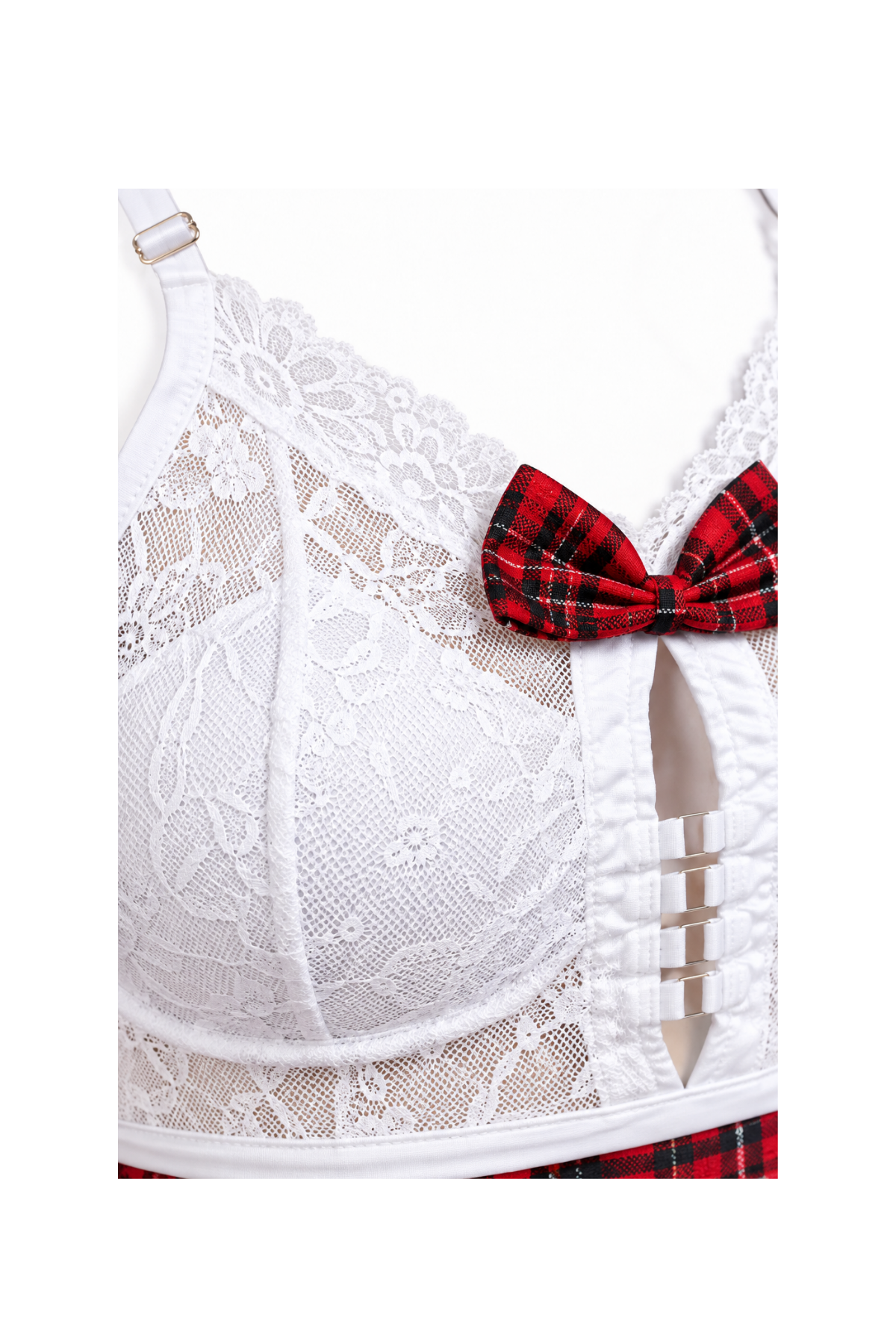 Lace-Trim Babydoll with Bow & Plaid Skirt