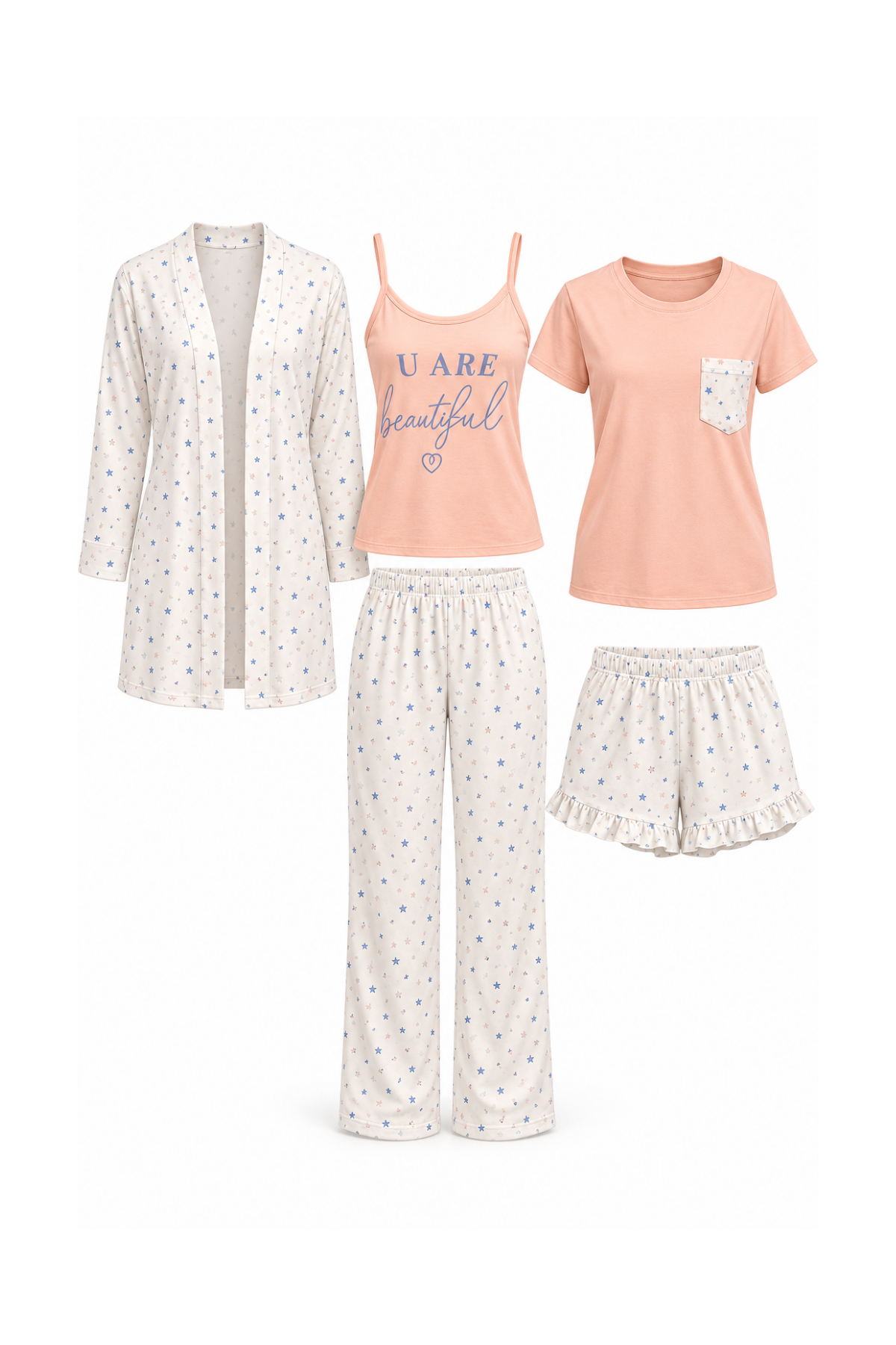5-Piece Pajama (2Tops, Shorts & Pants & Robe)