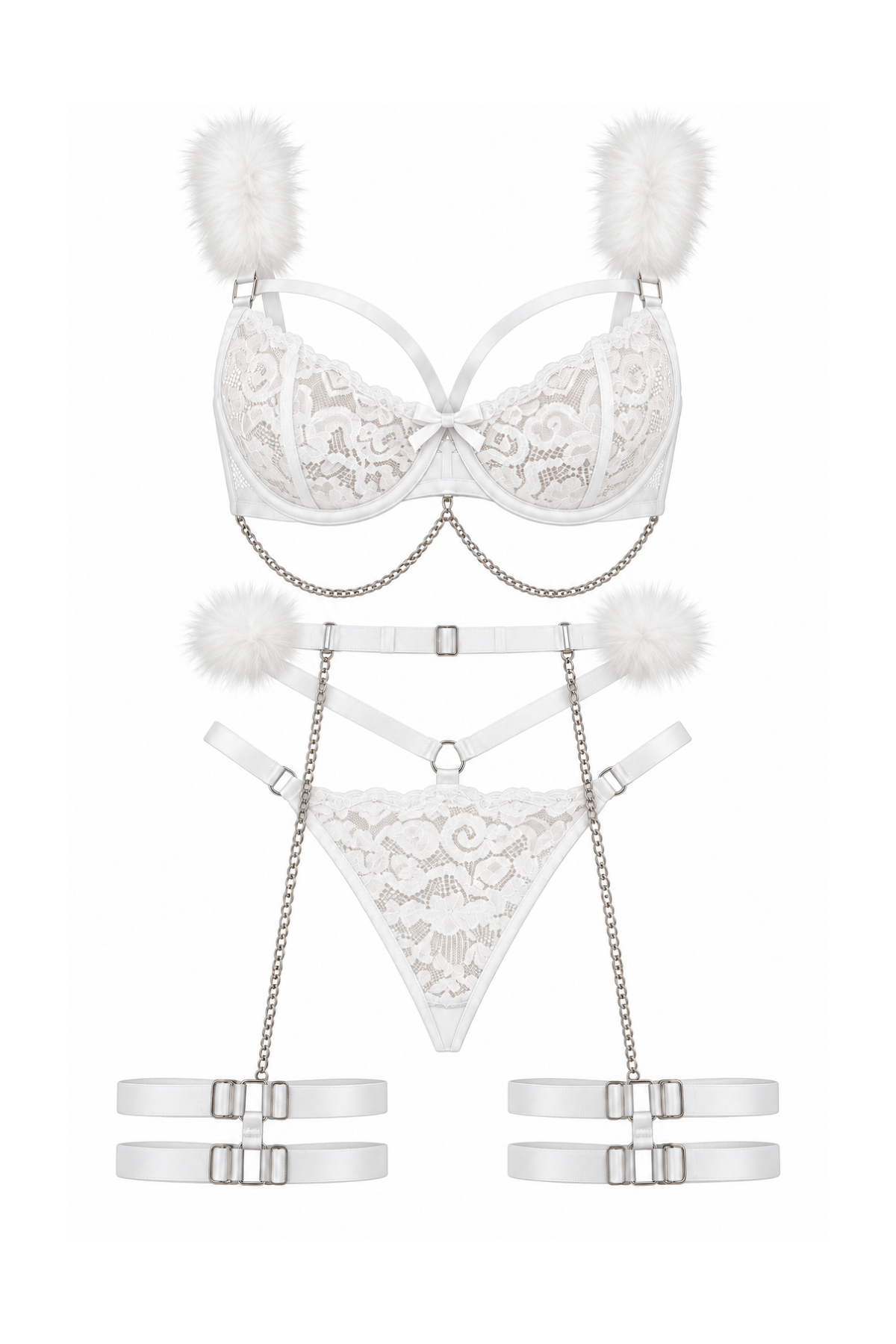 3piecs Sheer Baby Doll with Fur & Chains