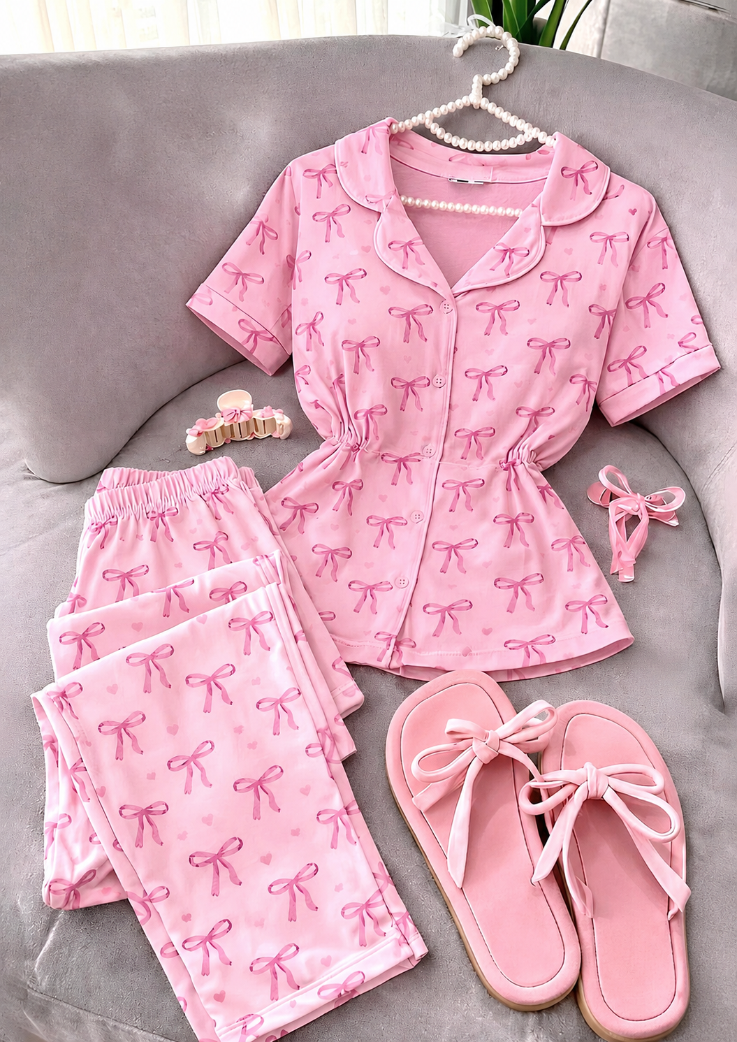 Bow Print Pajama with Elastic Waist