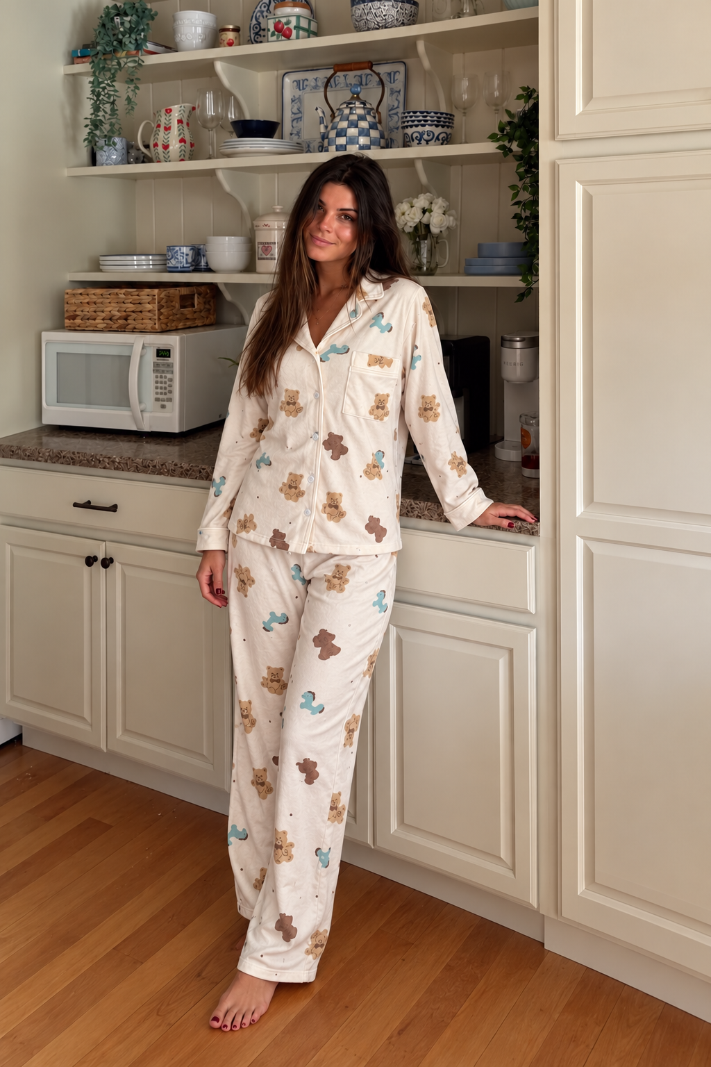 2-Piece Winter Pajama Set with Buttons & Teddy Bear Print