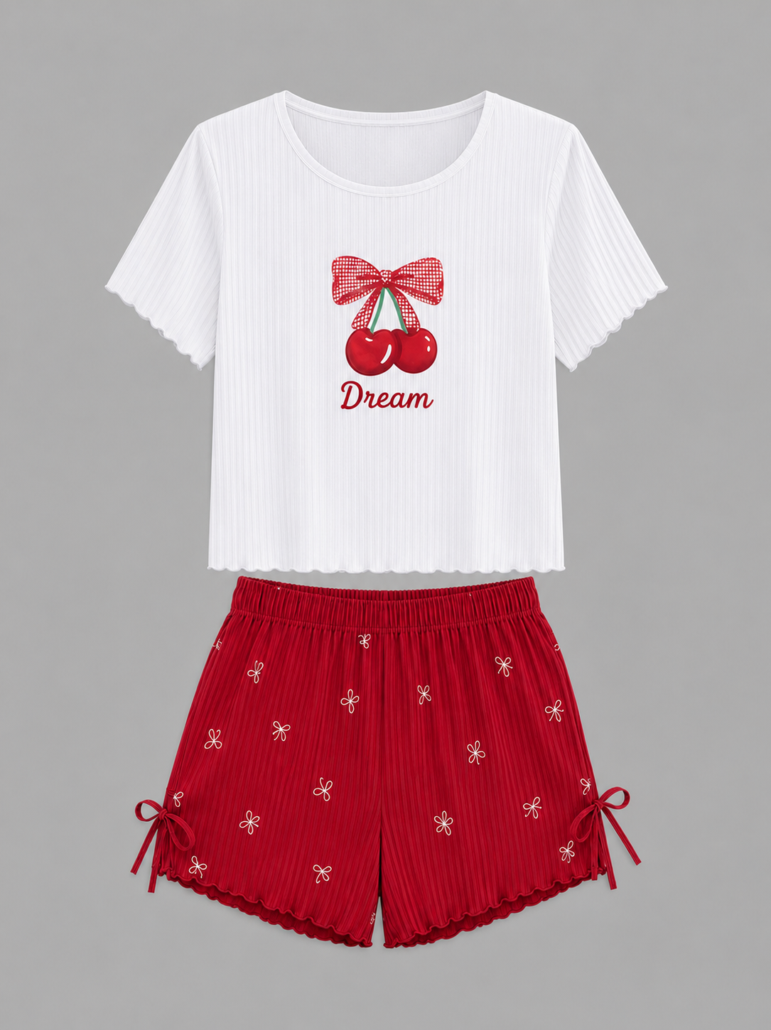 Bow Print Pajama Set with Tie-Front Top & Shorts