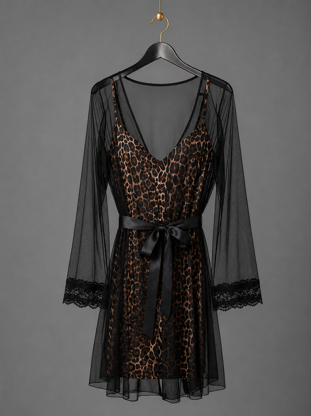 Tiger Print Satin Lingerie with Sheer Robe