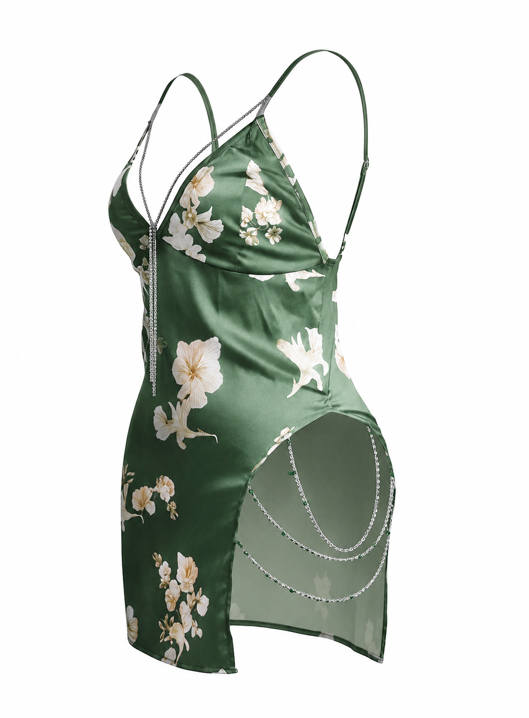 Floral Satin Lingerie with Side Opening & Chains