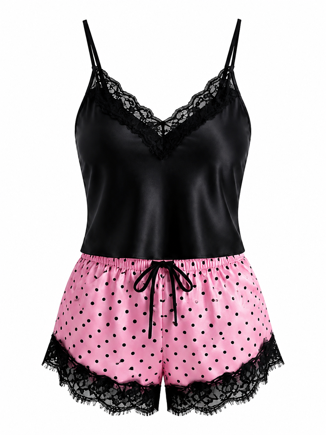 Satin Lace Pajama with Polka Dot Shorts