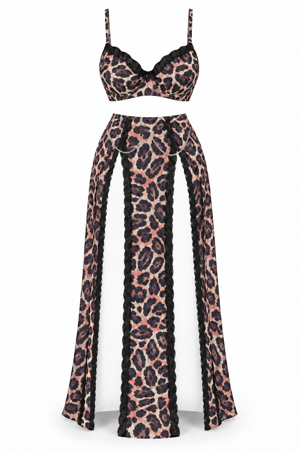 Pink Tiger Print Top & Skirt Set with Chains
