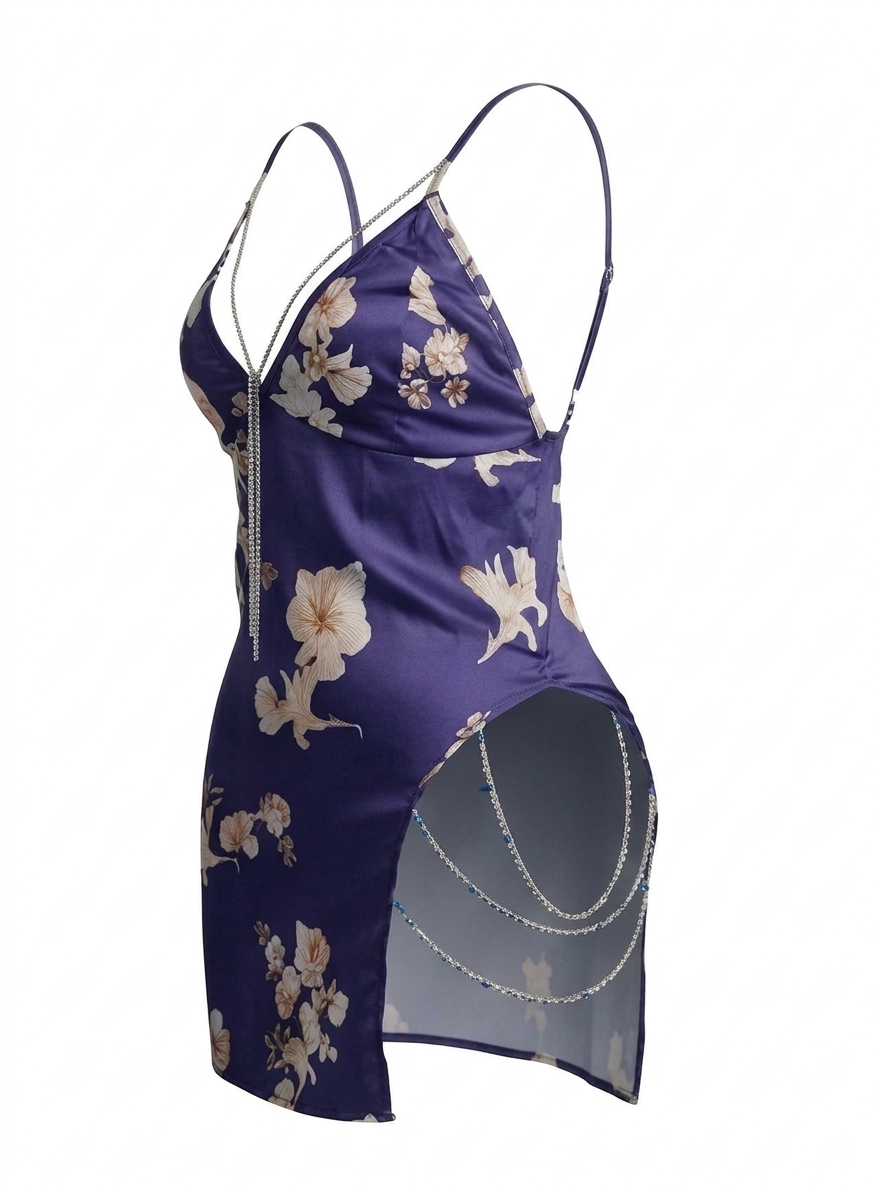 Floral Satin Lingerie with Side Opening & Chains