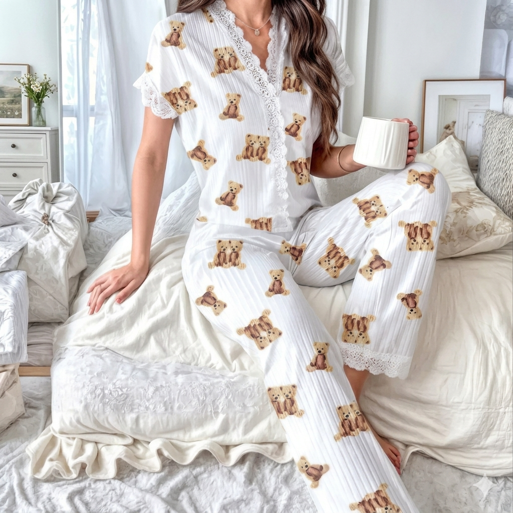 Teddy Bear Print Pajama with Lace