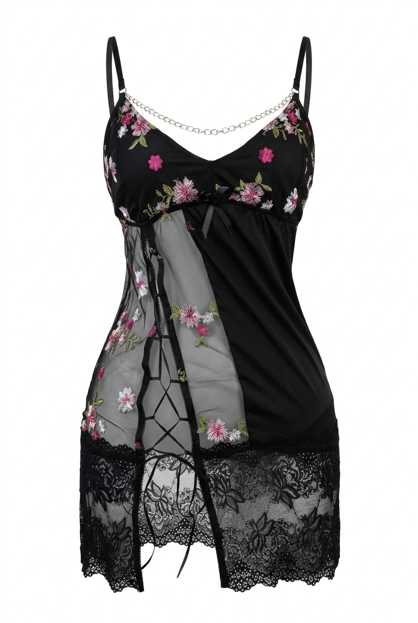 Floral Satin Lingerie with Sheer Side
