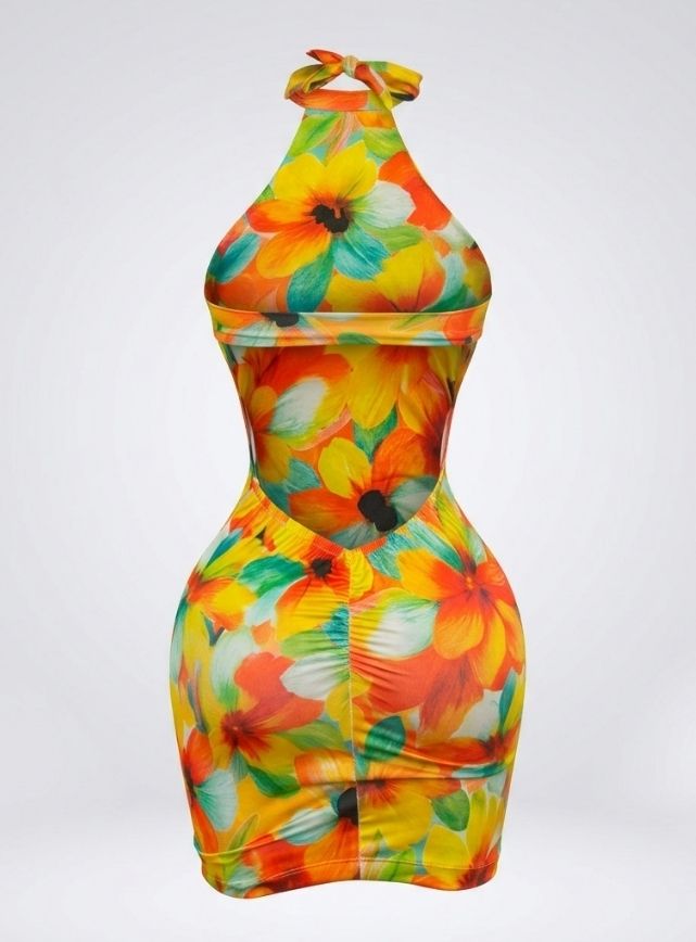Colorful Floral Summer Dress with Open Back