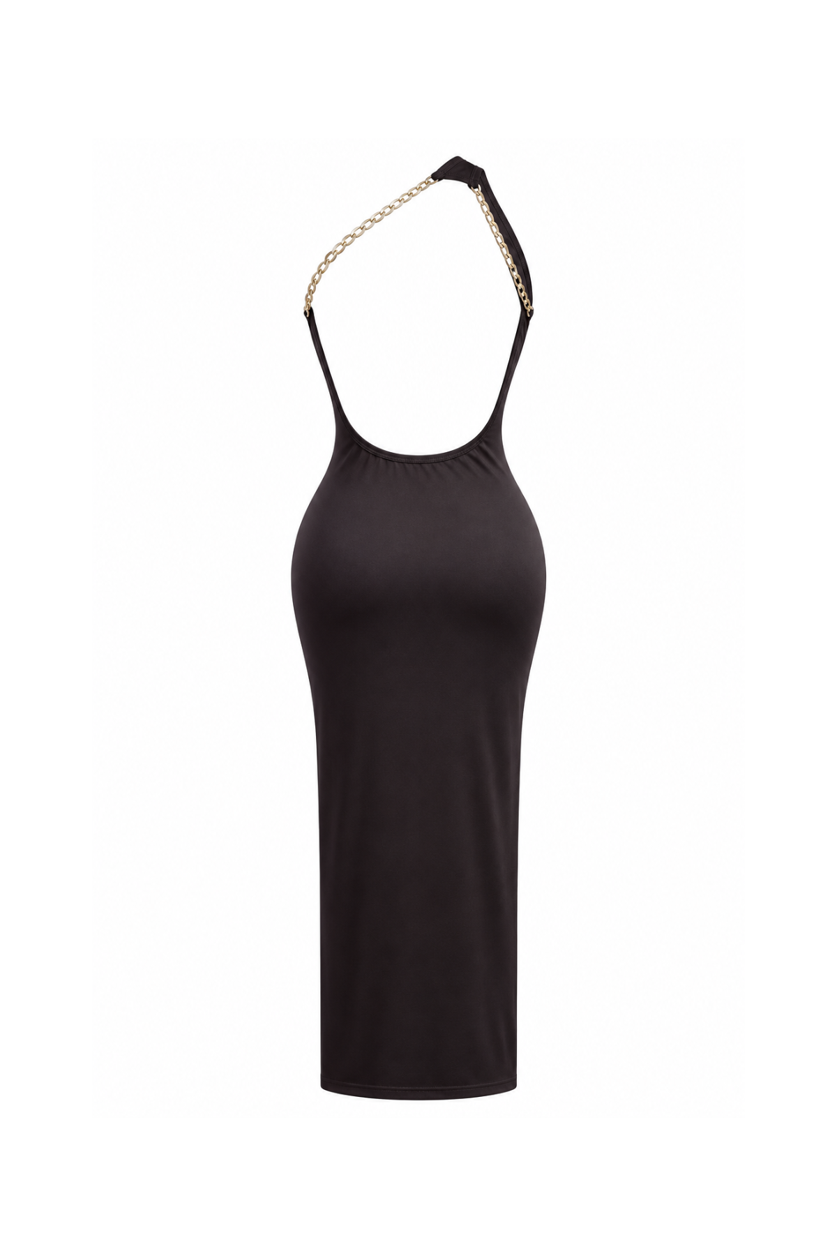 One-shoulder maxi dress with an open back and chain details