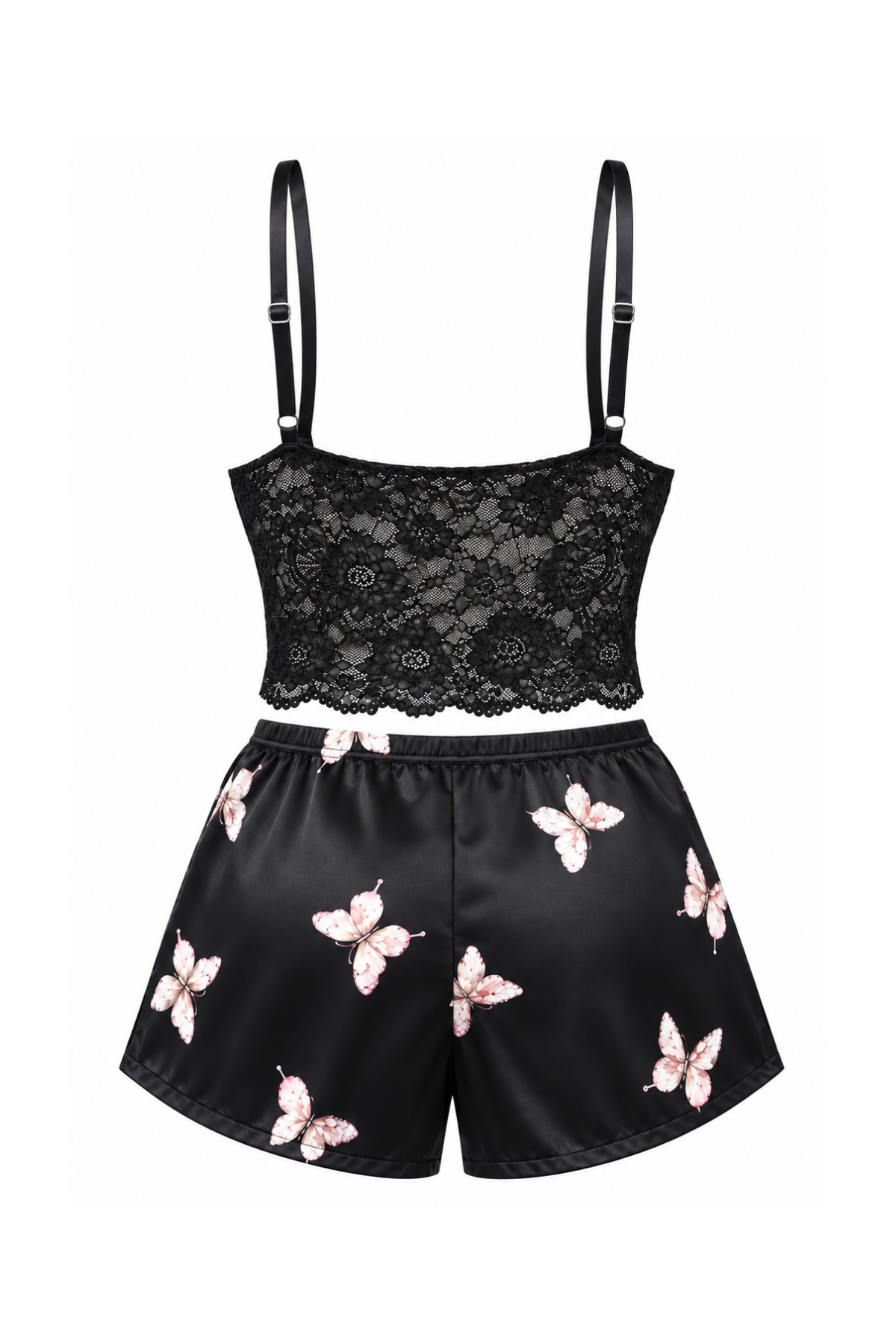 Butterfly Print Satin Shorts & Lace Top Pajama