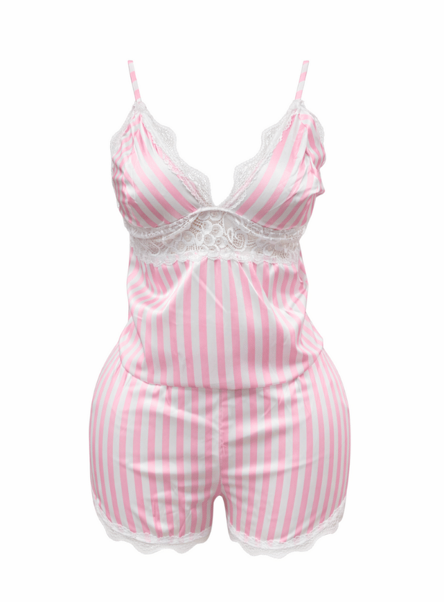 بيجامه شورت ستان مزوده بدانتيل من عند الصدر