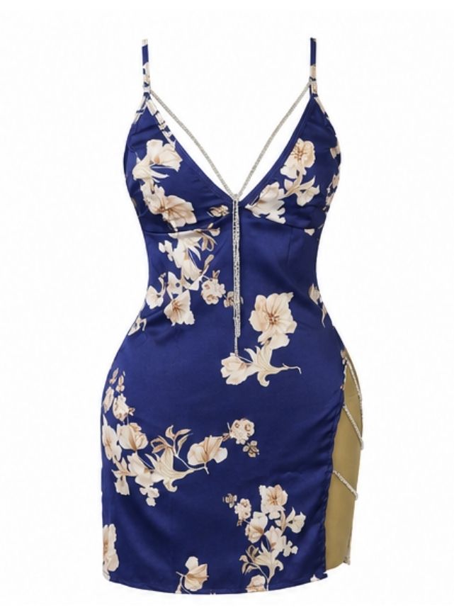 Floral Satin Lingerie with Side Opening & Chains