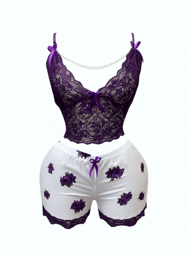 بيجامه شورت ستان وتوب دانتيل