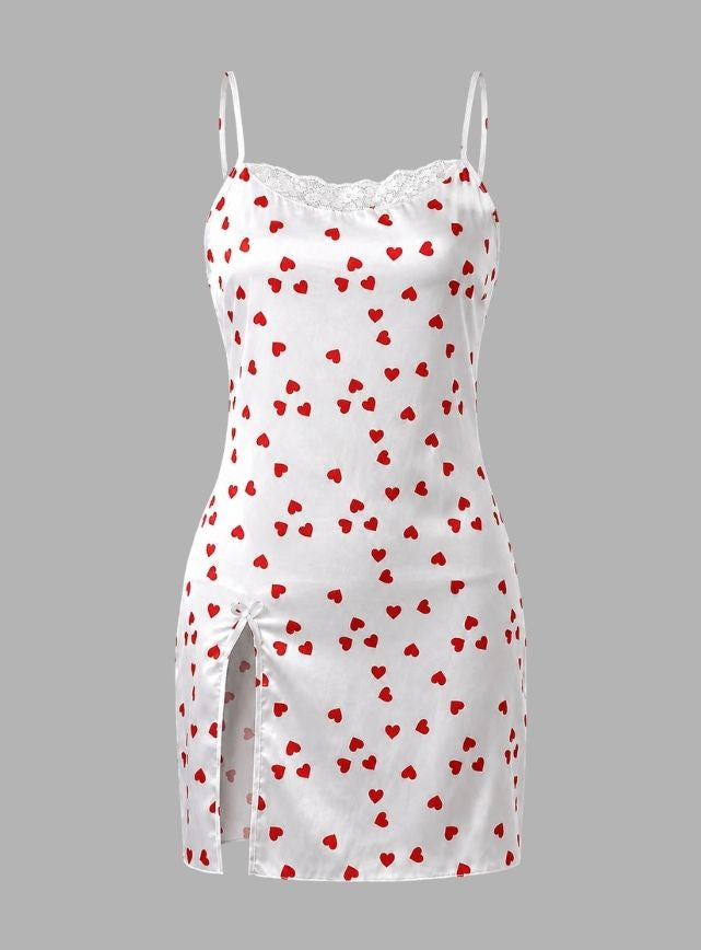 Heart Print Satin Lingerie with Lace & Back Tie