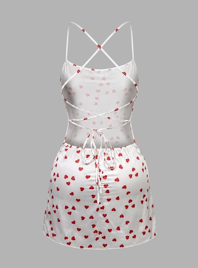 Heart Print Satin Lingerie with Lace & Back Tie