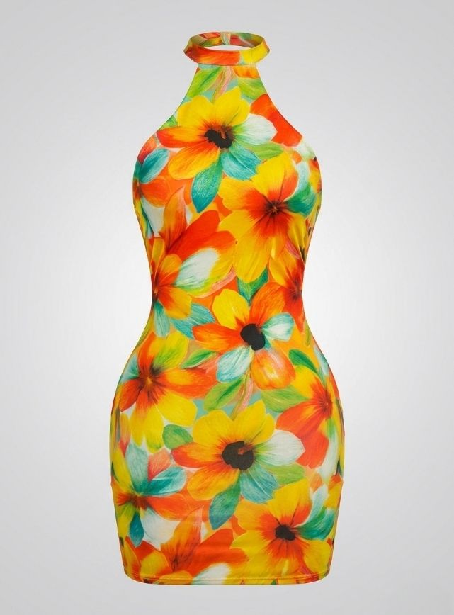 Colorful Floral Summer Dress with Open Back